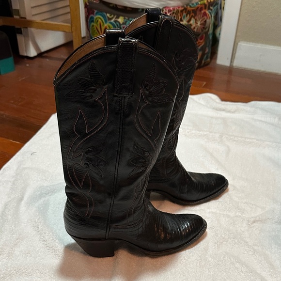Dan Post Women Black Leather and Lizard Cowboy Boots - Picture 4 of 8